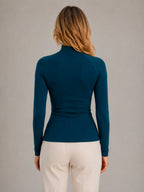 Women's Ribbed Half-Zip Top – High Neck Long Sleeve in Deep Teal – Back view