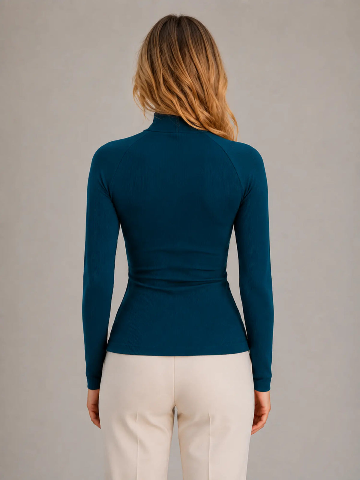 Women's Ribbed Half-Zip Top – High Neck Long Sleeve in Deep Teal – Back view