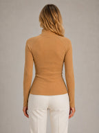 Women's Ribbed Half-Zip Top – High Neck Long Sleeve in Khaki – Back view