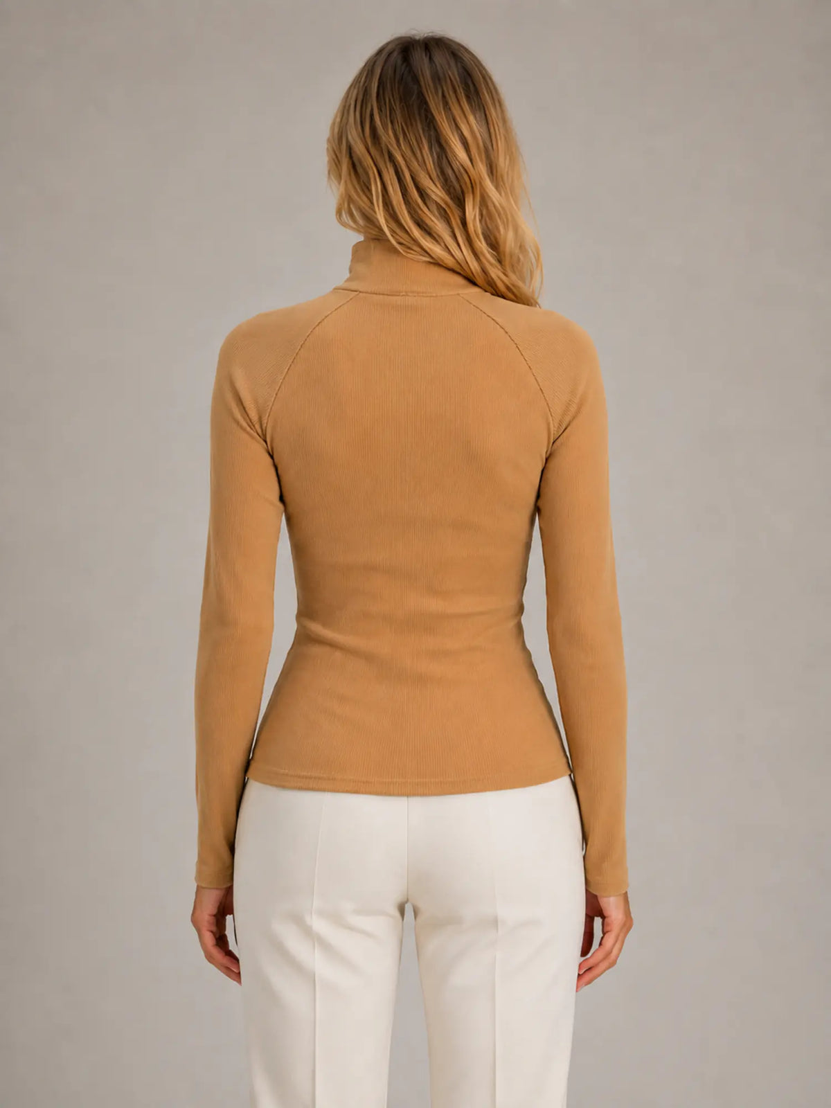 Women's Ribbed Half-Zip Top – High Neck Long Sleeve in Khaki – Back view