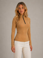 Women's Ribbed Half-Zip Top – High Neck Long Sleeve in Khaki – Hover view