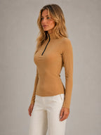 Women's Ribbed Half-Zip Top – High Neck Long Sleeve in Khaki – Side view
