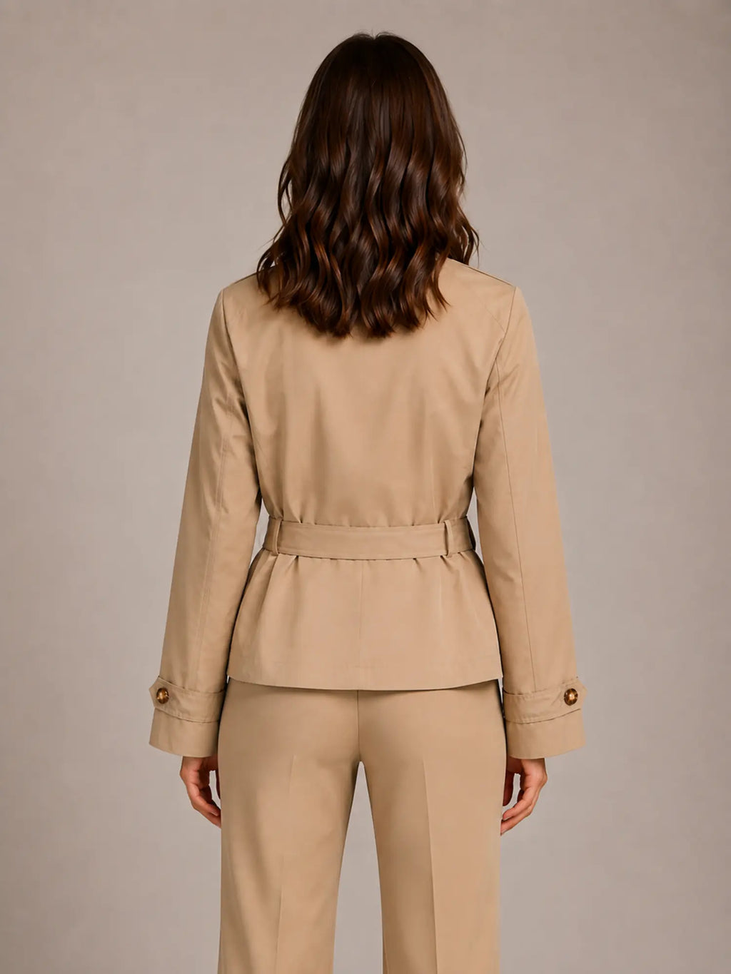 Women's Cropped Trench Jacket – Double-Breasted Belted in Beige – Back view