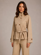 Women's Cropped Trench Jacket – Double-Breasted Belted in Beige – Hover view