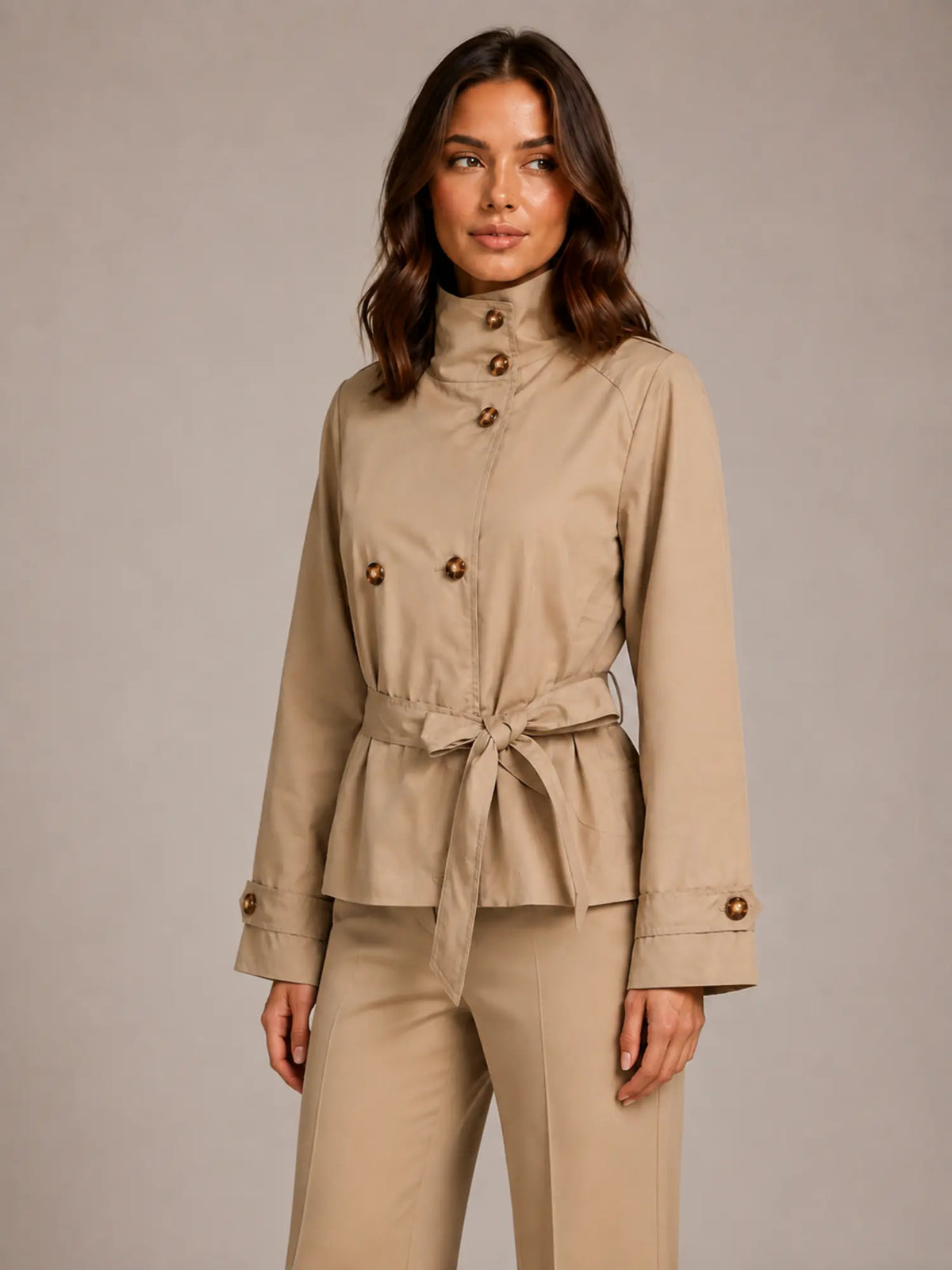 Women's Cropped Trench Jacket – Double-Breasted Belted in Beige – Hover view