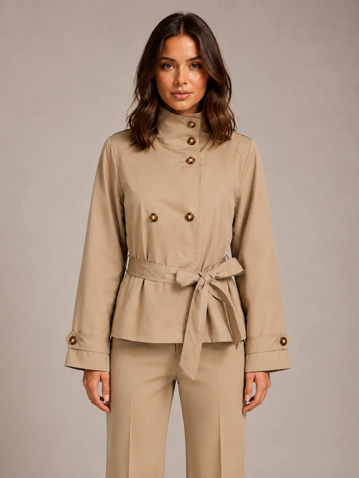Women's Cropped Trench Jacket – Double-Breasted Belted in Beige – Main view