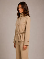 Women's Cropped Trench Jacket – Double-Breasted Belted in Beige – Side view