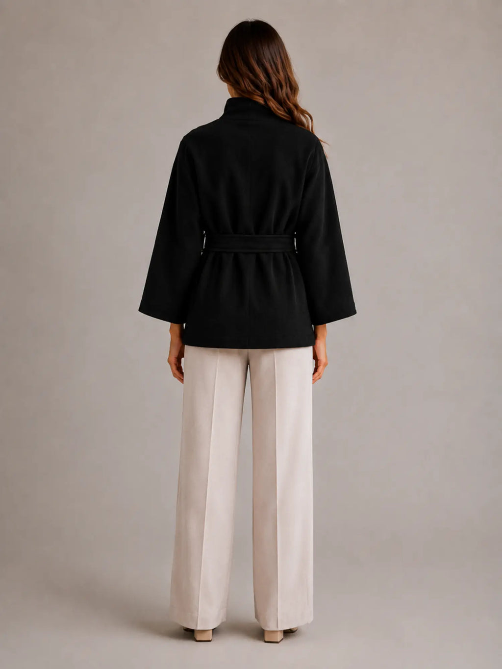Women's Belted Cape Jacket – Stand Collar Wrap Coat in Black – Back view