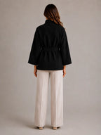 Women's Belted Cape Jacket – Stand Collar Wrap Coat in Black – Back view