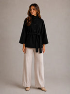 Women's Belted Cape Jacket – Stand Collar Wrap Coat in Black – Hover view