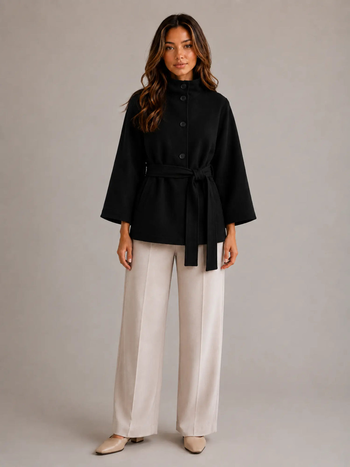 Women's Belted Cape Jacket – Stand Collar Wrap Coat in Black – Main view