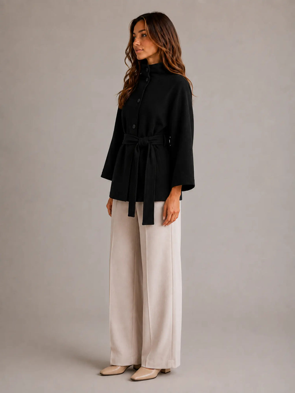 Women's Belted Cape Jacket – Stand Collar Wrap Coat in Black – Side view