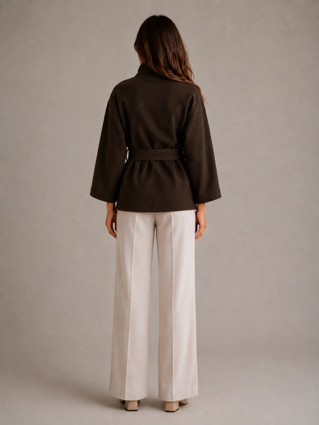 Women's Belted Cape Jacket – Stand Collar Wrap Coat in Brown – Back view