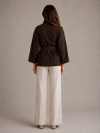 Women's Belted Cape Jacket – Stand Collar Wrap Coat in Brown – Back view