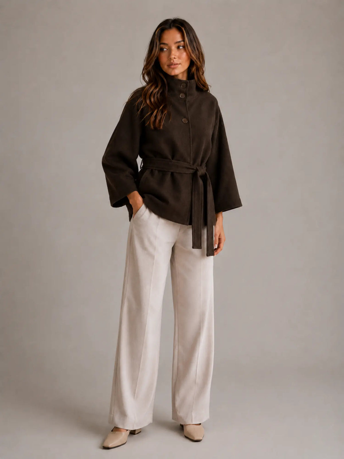 Women's Belted Cape Jacket – Stand Collar Wrap Coat in Brown – Hover view