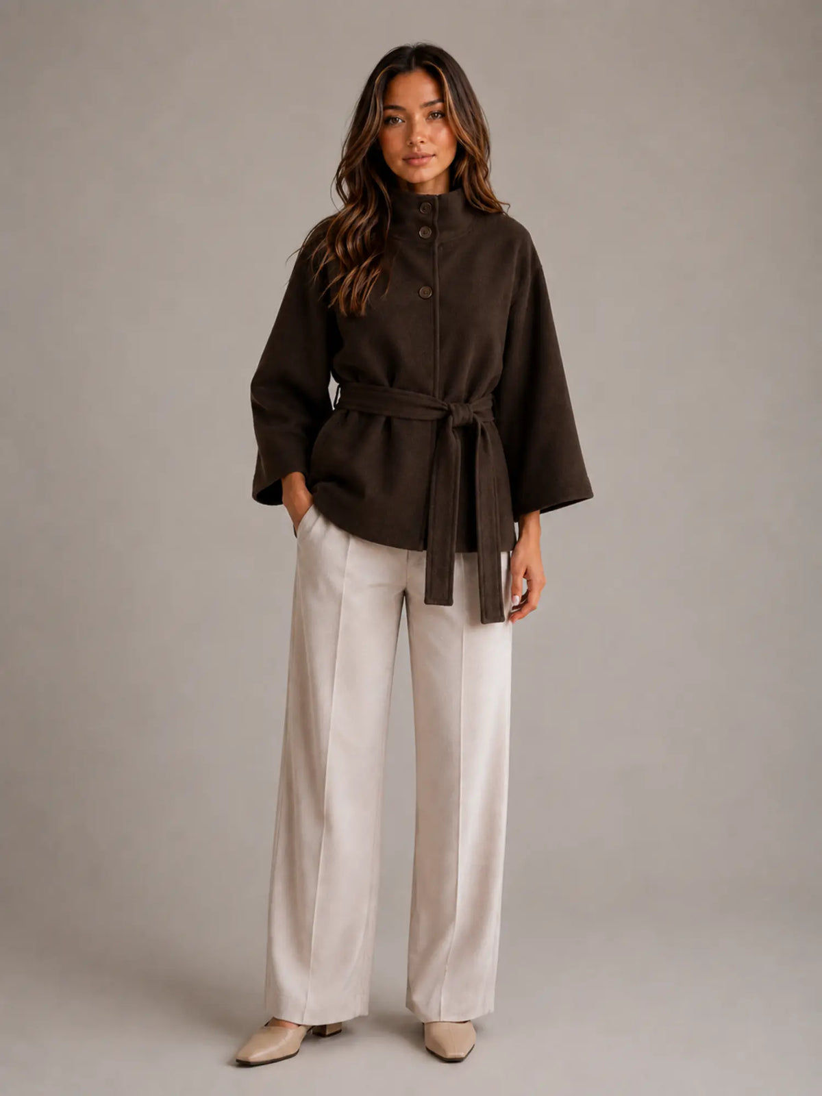 Women's Belted Cape Jacket – Stand Collar Wrap Coat in Brown – Main view