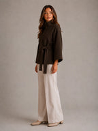 Women's Belted Cape Jacket – Stand Collar Wrap Coat in Brown – Side view