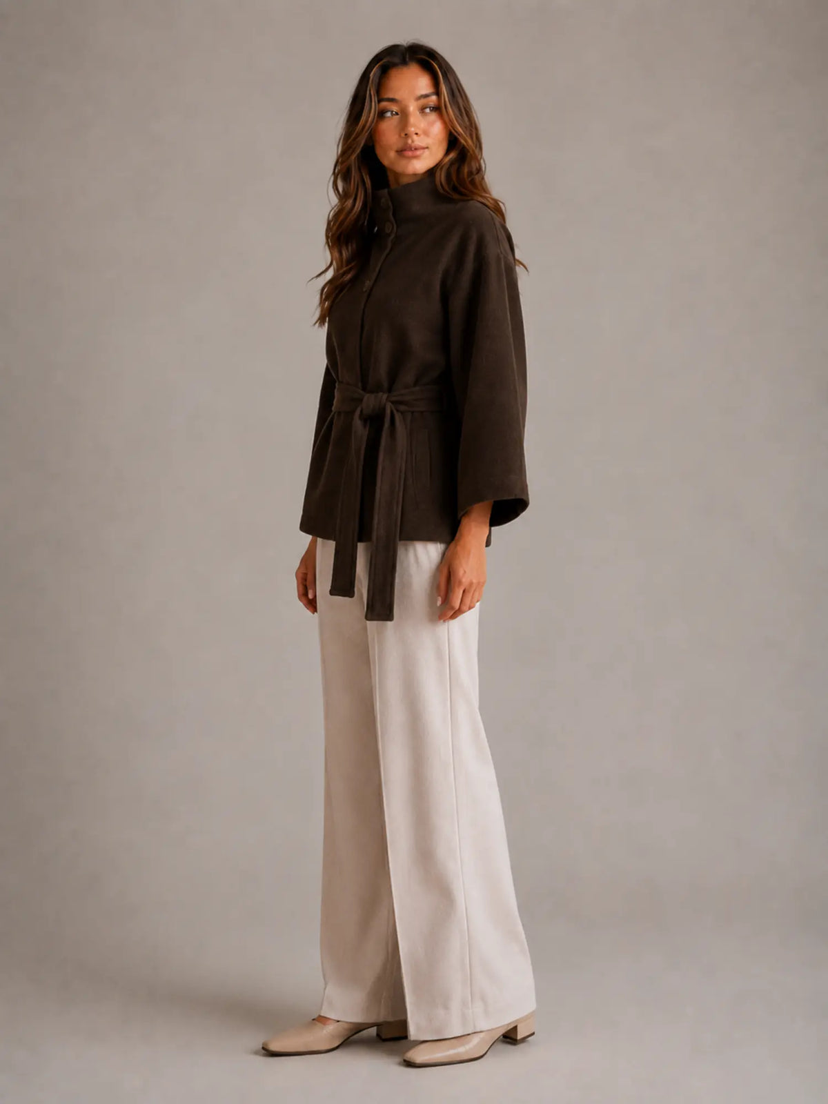 Women's Belted Cape Jacket – Stand Collar Wrap Coat in Brown – Side view