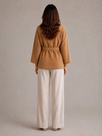 Women's Belted Cape Jacket – Stand Collar Wrap Coat in Camel – Back view