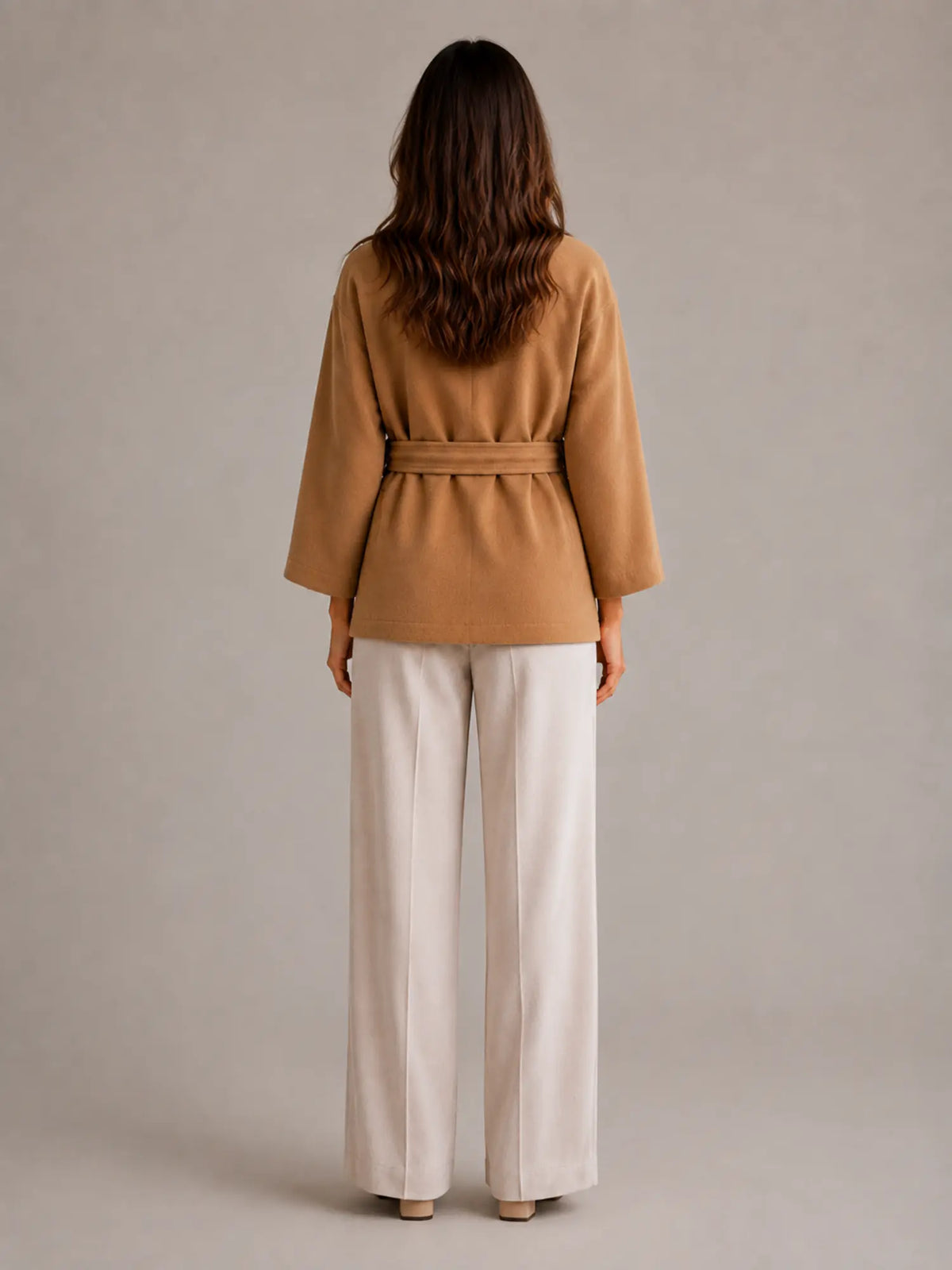 Women's Belted Cape Jacket – Stand Collar Wrap Coat in Camel – Back view