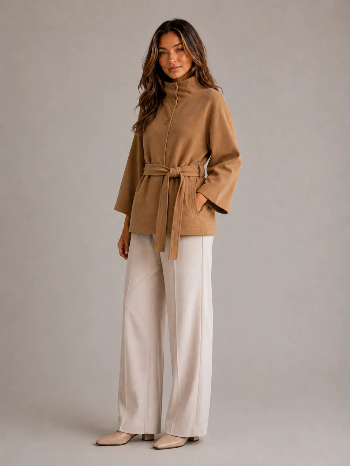 Women's Belted Cape Jacket – Stand Collar Wrap Coat in Camel – Hover view