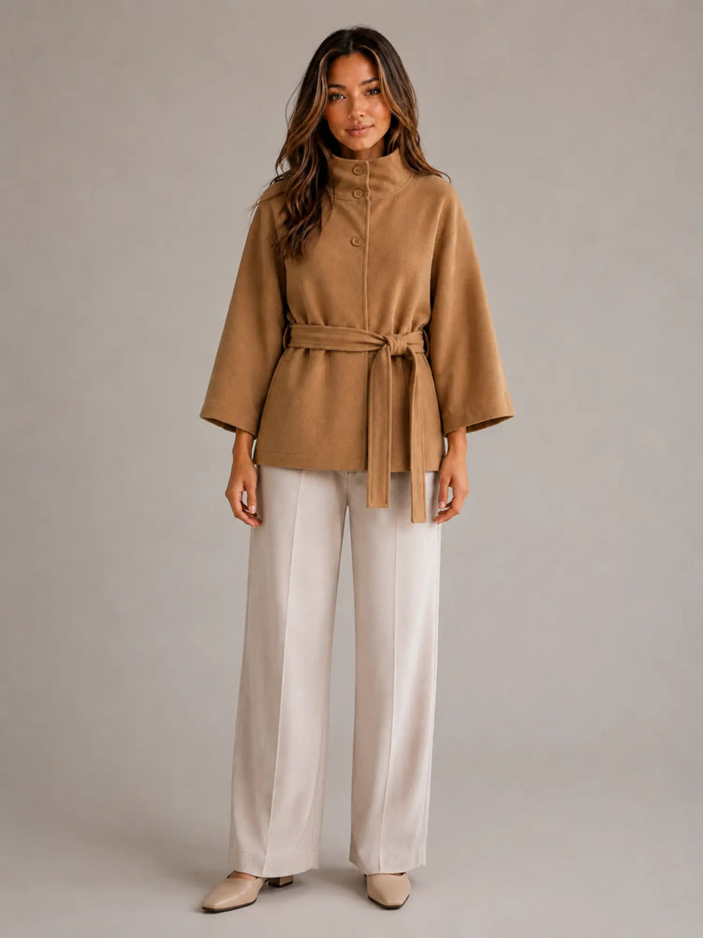 Women's Belted Cape Jacket – Stand Collar Wrap Coat in Camel – Main view
