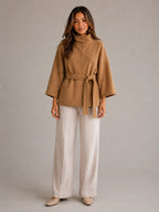 Women's Belted Cape Jacket – Stand Collar Wrap Coat in Camel – Main view