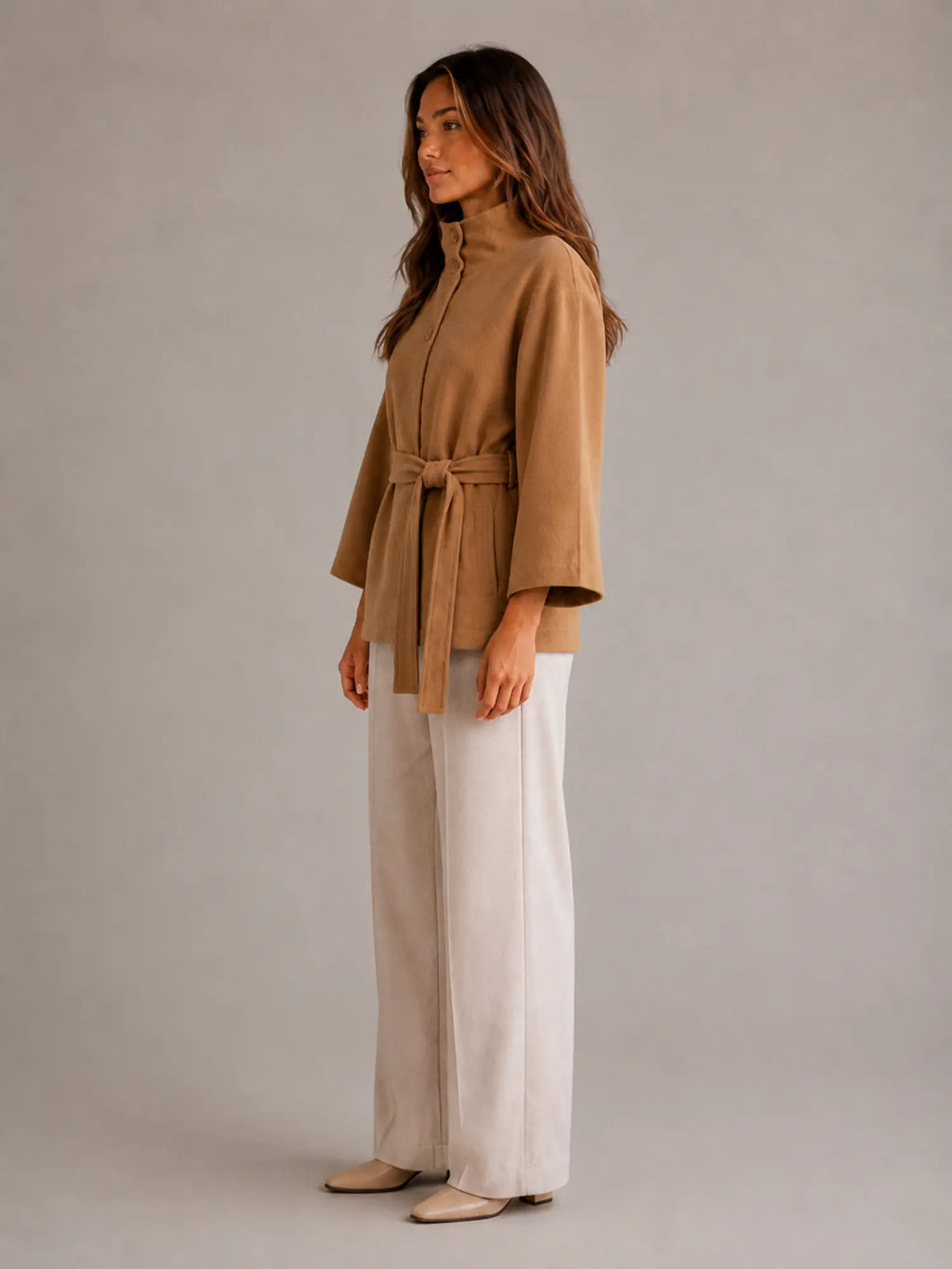 Women's Belted Cape Jacket – Stand Collar Wrap Coat in Camel – Side view