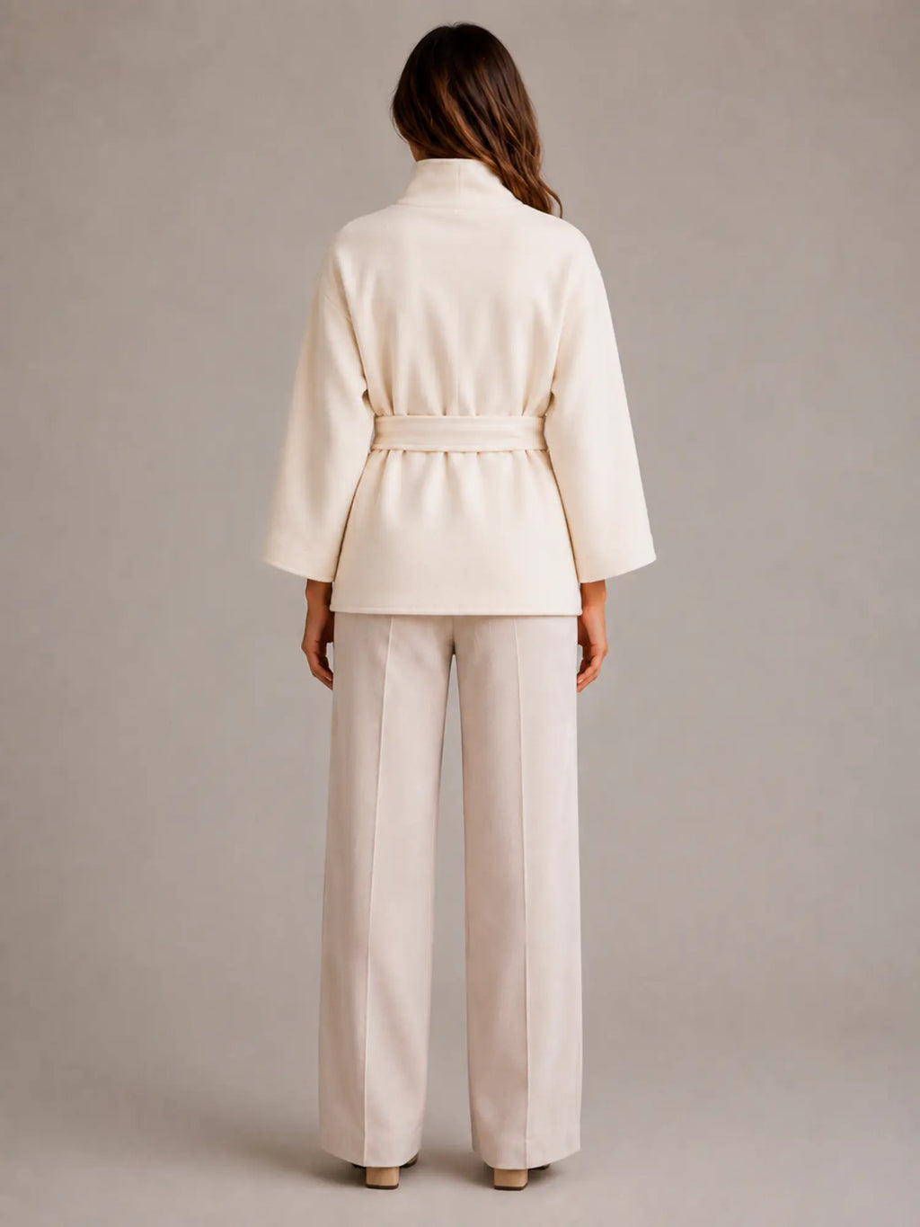 Women's Belted Cape Jacket – Stand Collar Wrap Coat in White – Back view