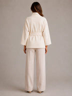 Women's Belted Cape Jacket – Stand Collar Wrap Coat in White – Back view
