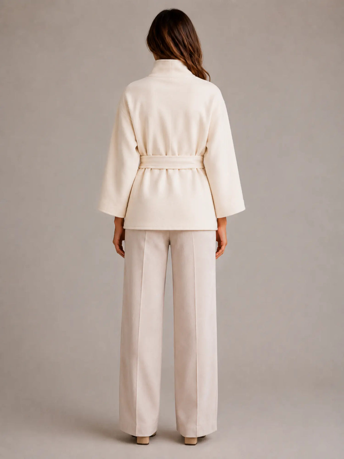 Women's Belted Cape Jacket – Stand Collar Wrap Coat in White – Back view