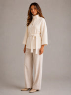 Women's Belted Cape Jacket – Stand Collar Wrap Coat in White – Hover view