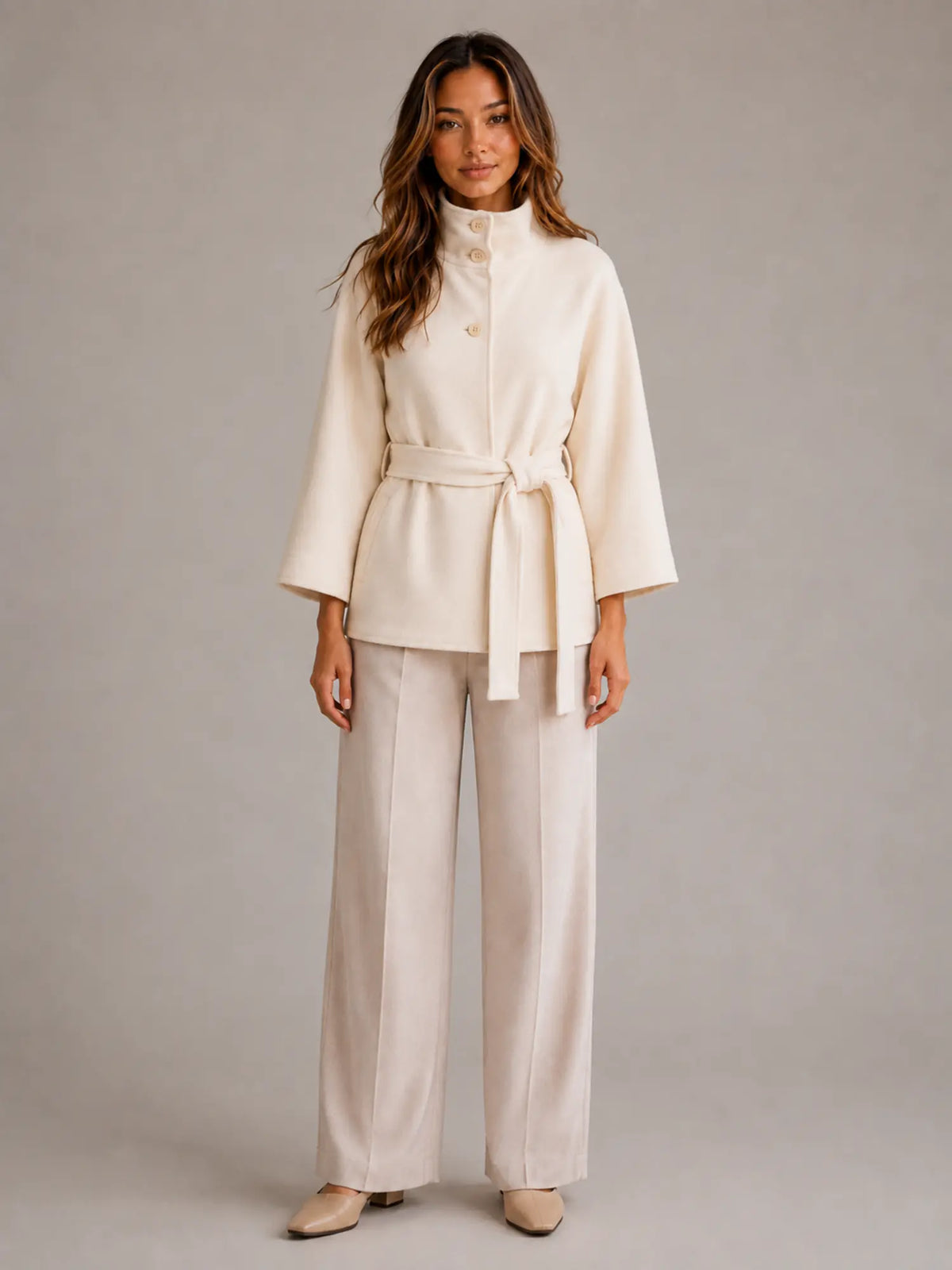 Women's Belted Cape Jacket – Stand Collar Wrap Coat in White – Main view