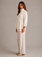 Women's Belted Cape Jacket – Stand Collar Wrap Coat in White – Side view