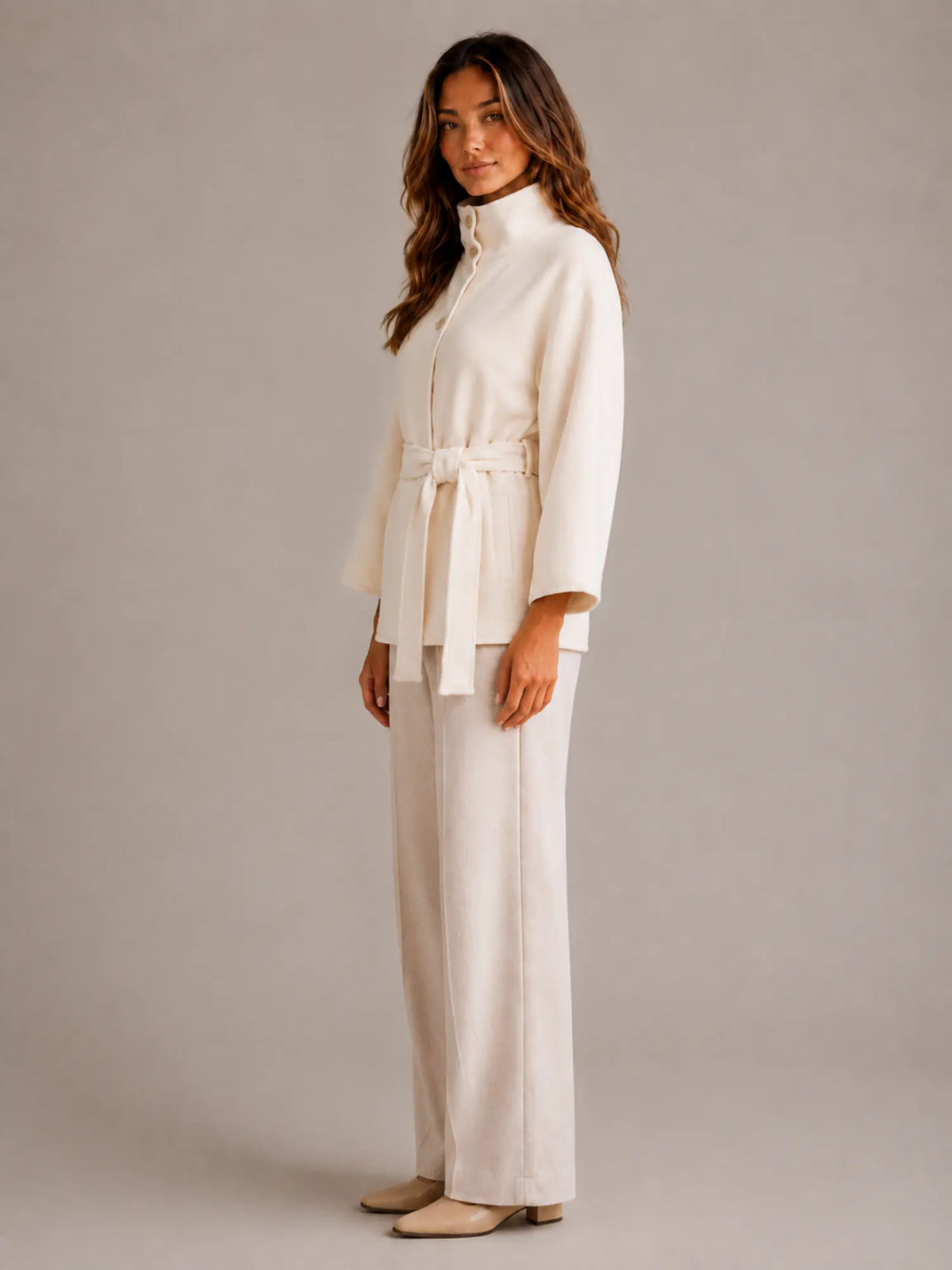 Women's Belted Cape Jacket – Stand Collar Wrap Coat in White – Side view