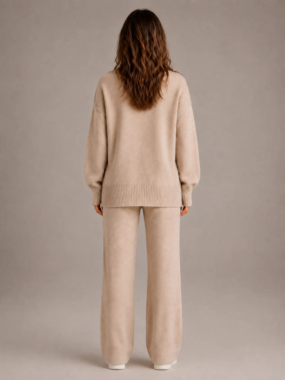 Women's Oversized Lounge Set – Roll Neck & Wide Leg in Beige – Back view