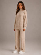 Women's Oversized Lounge Set – Roll Neck & Wide Leg in Beige – Hover view