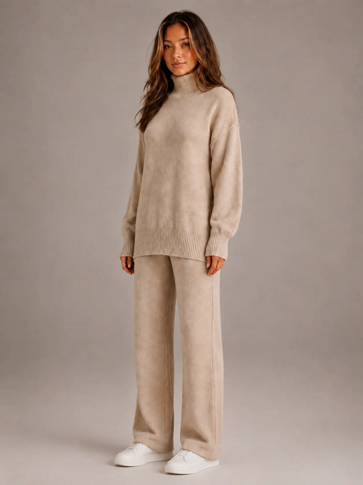 Women's Oversized Lounge Set – Roll Neck & Wide Leg in Beige – Hover view