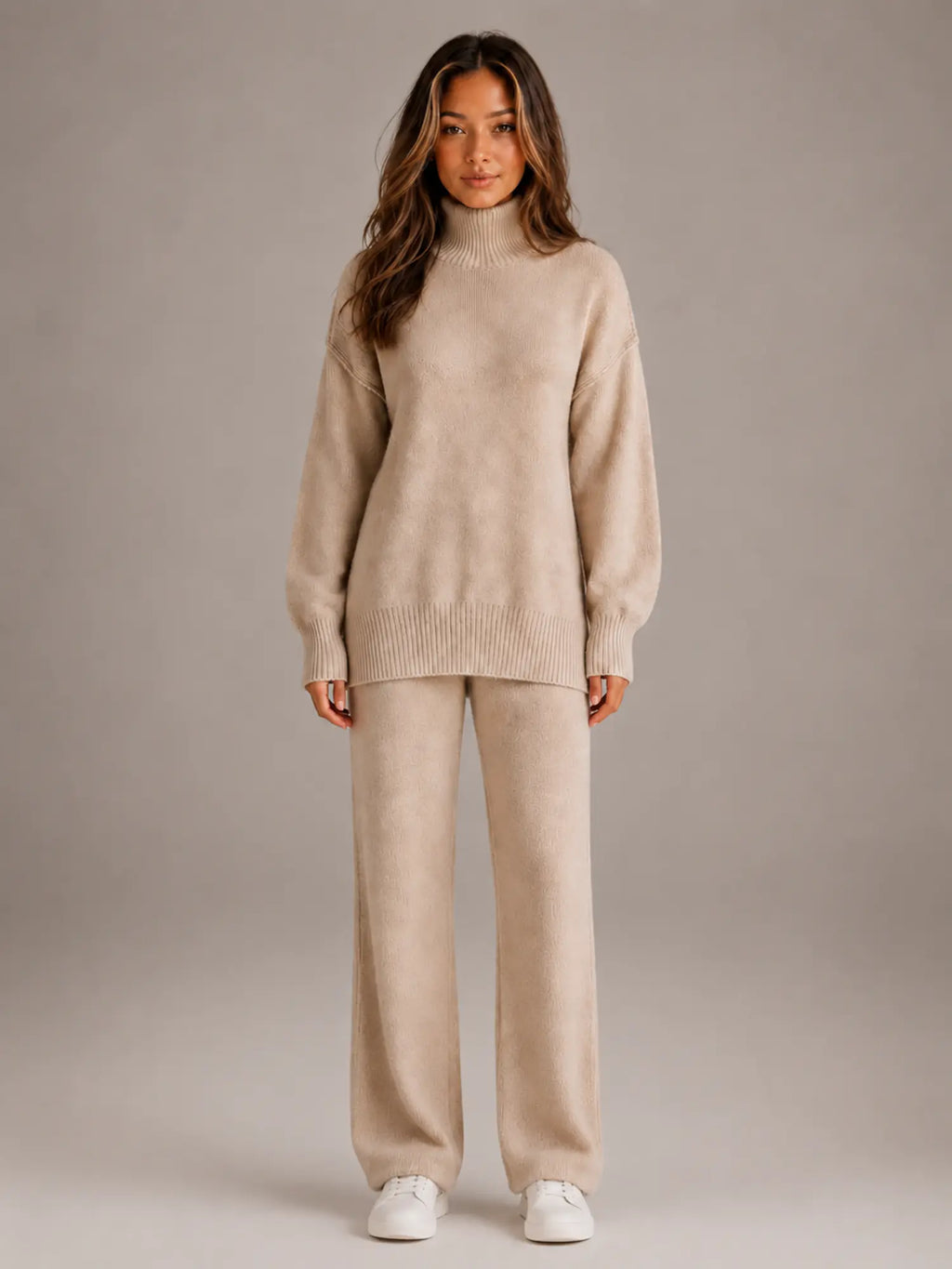 Women's Oversized Lounge Set – Roll Neck & Wide Leg in Beige – Main view