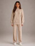 Women's Oversized Lounge Set – Roll Neck & Wide Leg in Beige – Main view