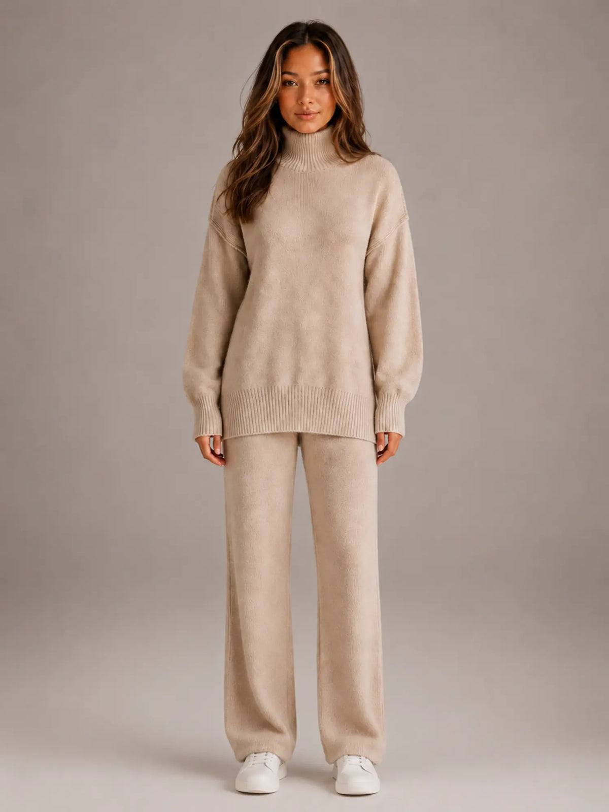 Women's Oversized Lounge Set – Roll Neck & Wide Leg in Beige – Main view