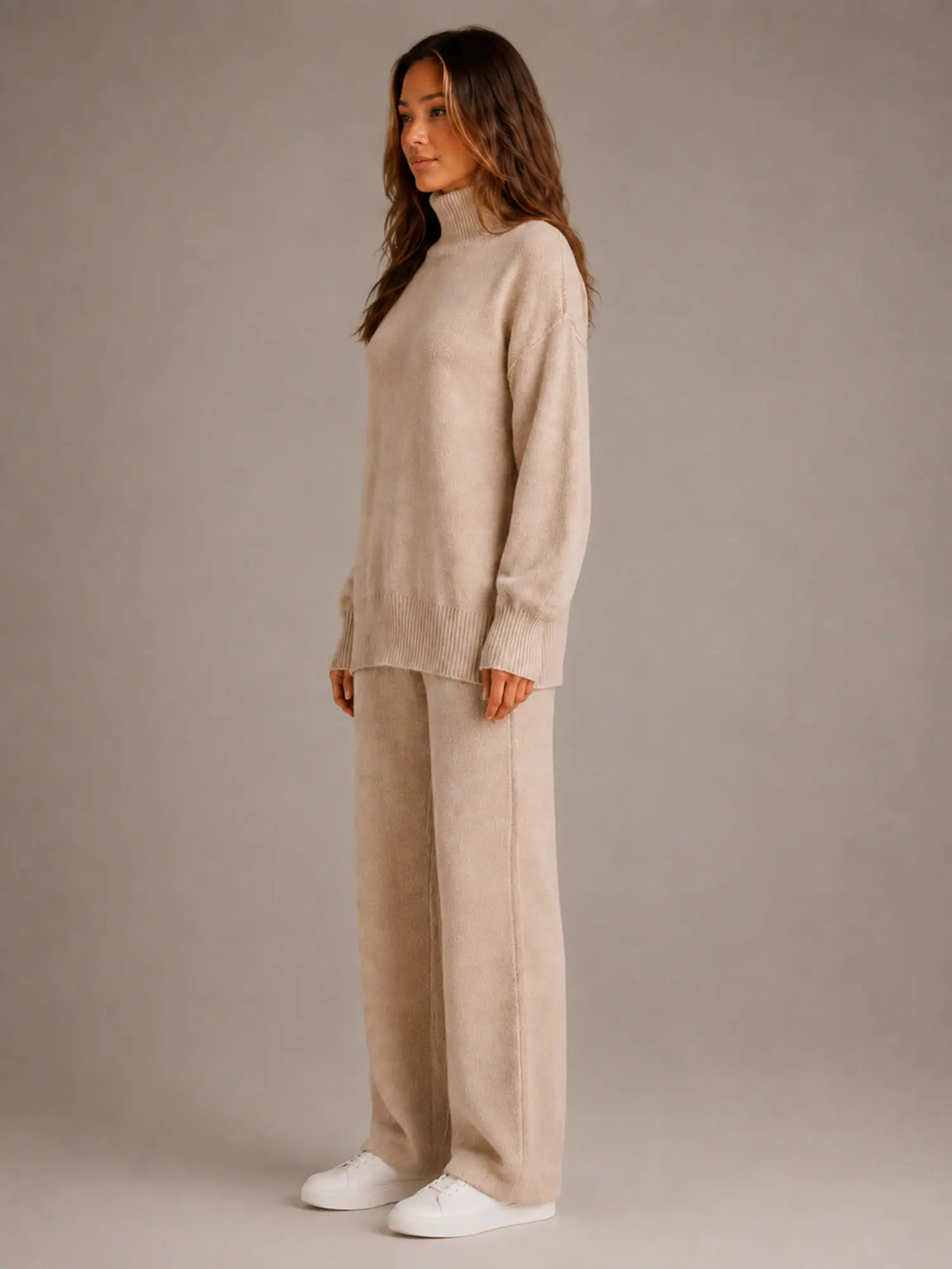 Women's Oversized Lounge Set – Roll Neck & Wide Leg in Beige – Side view