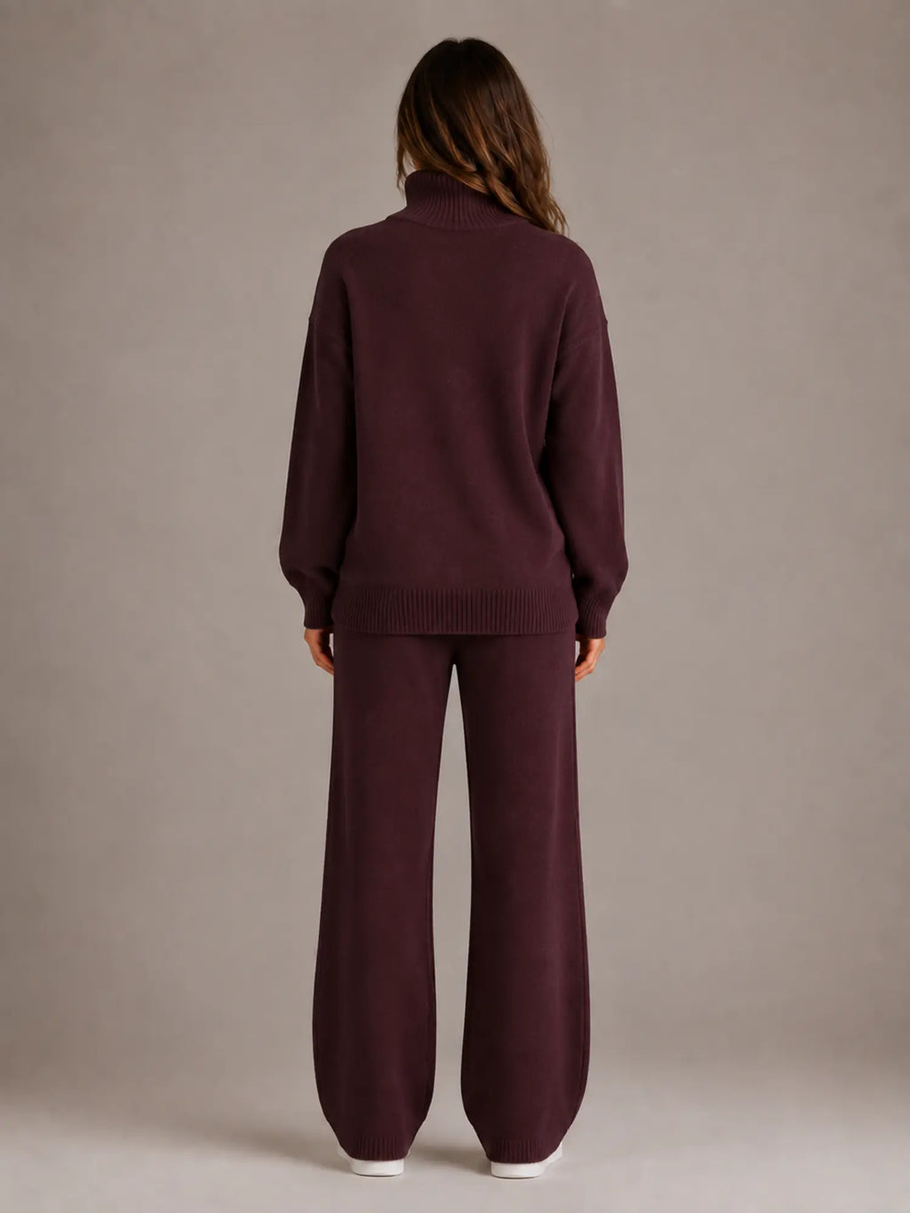 Women's Oversized Lounge Set – Roll Neck & Wide Leg in Burgundy – Back view