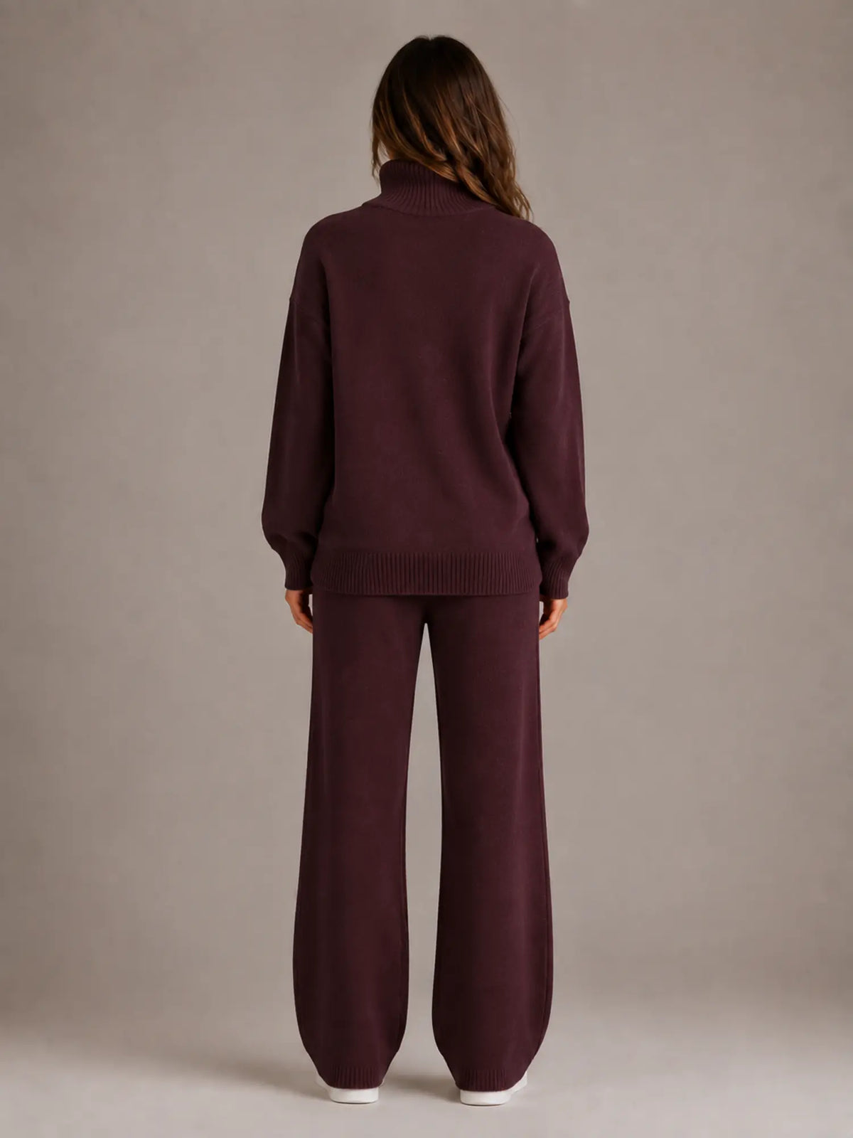 Women's Oversized Lounge Set – Roll Neck & Wide Leg in Burgundy – Back view