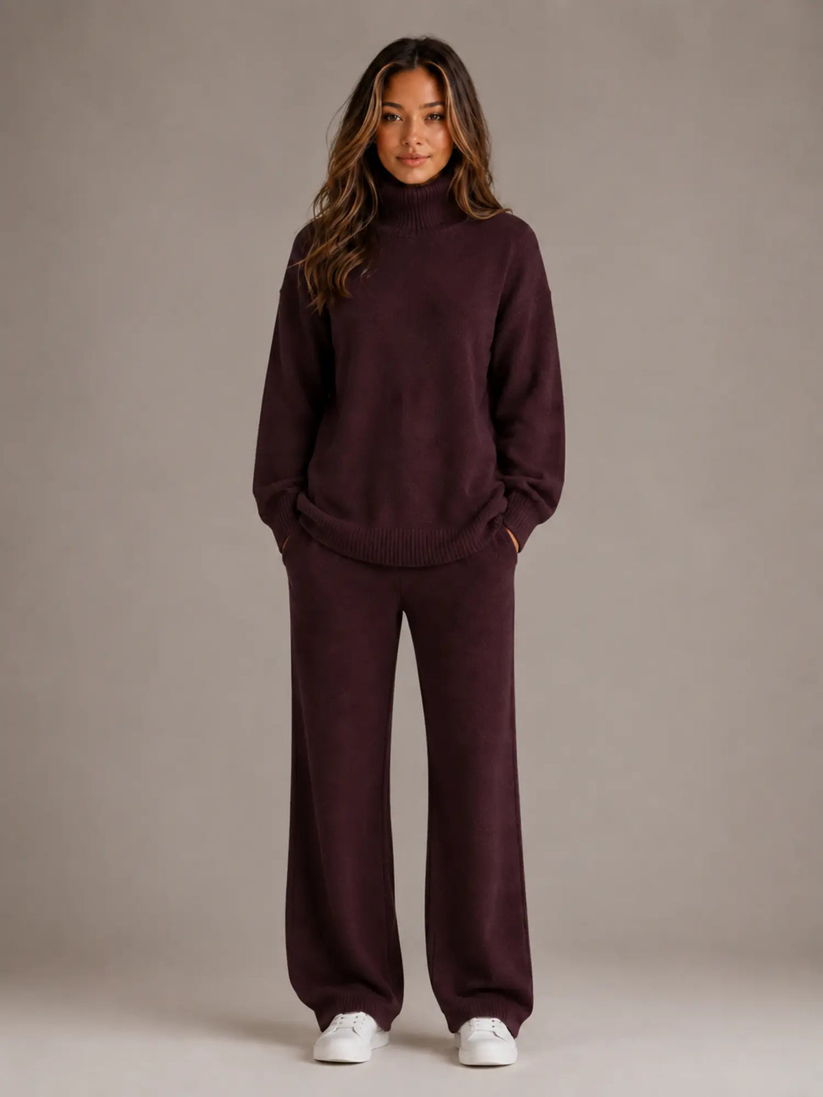 Women's Oversized Lounge Set – Roll Neck & Wide Leg in Burgundy – Main view