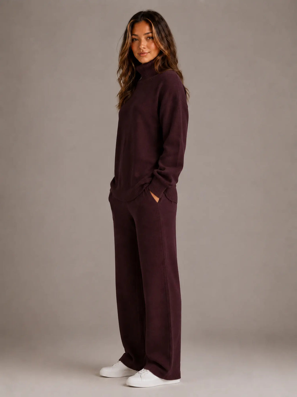 Women's Oversized Lounge Set – Roll Neck & Wide Leg in Burgundy – Side view