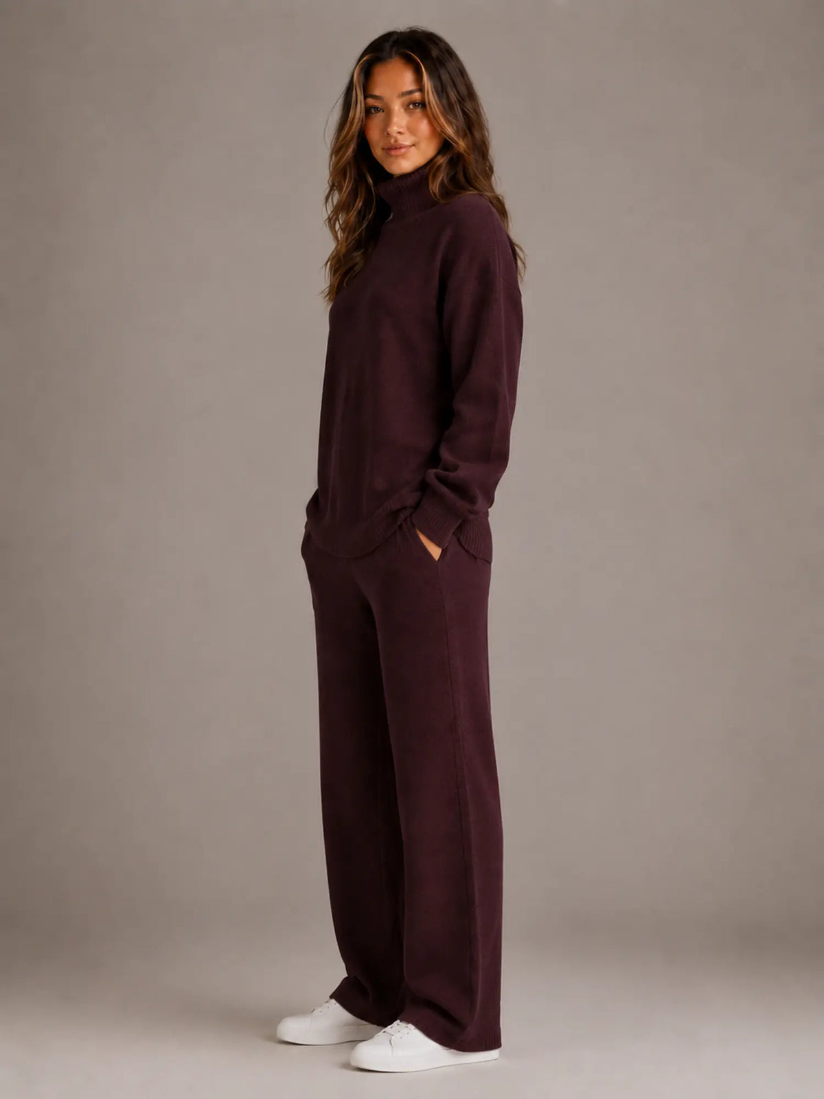 Women's Oversized Lounge Set – Roll Neck & Wide Leg in Burgundy – Side view