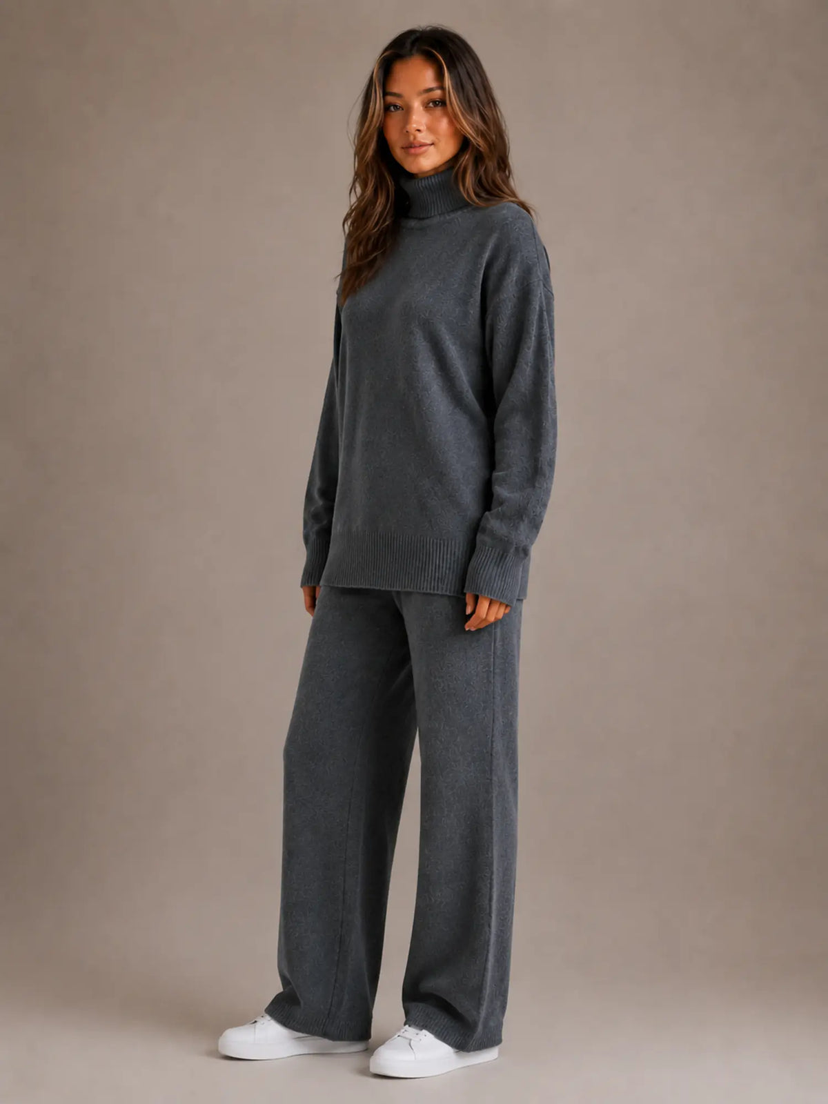 Women's Oversized Lounge Set – Roll Neck & Wide Leg in Dark Grey – Hover view