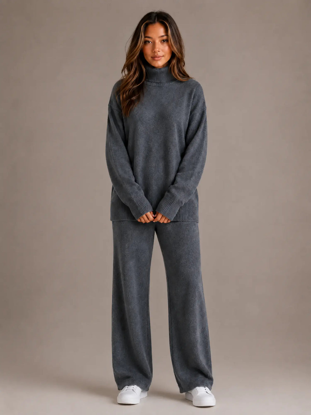 Women's Oversized Lounge Set – Roll Neck & Wide Leg in Dark Grey – Main view