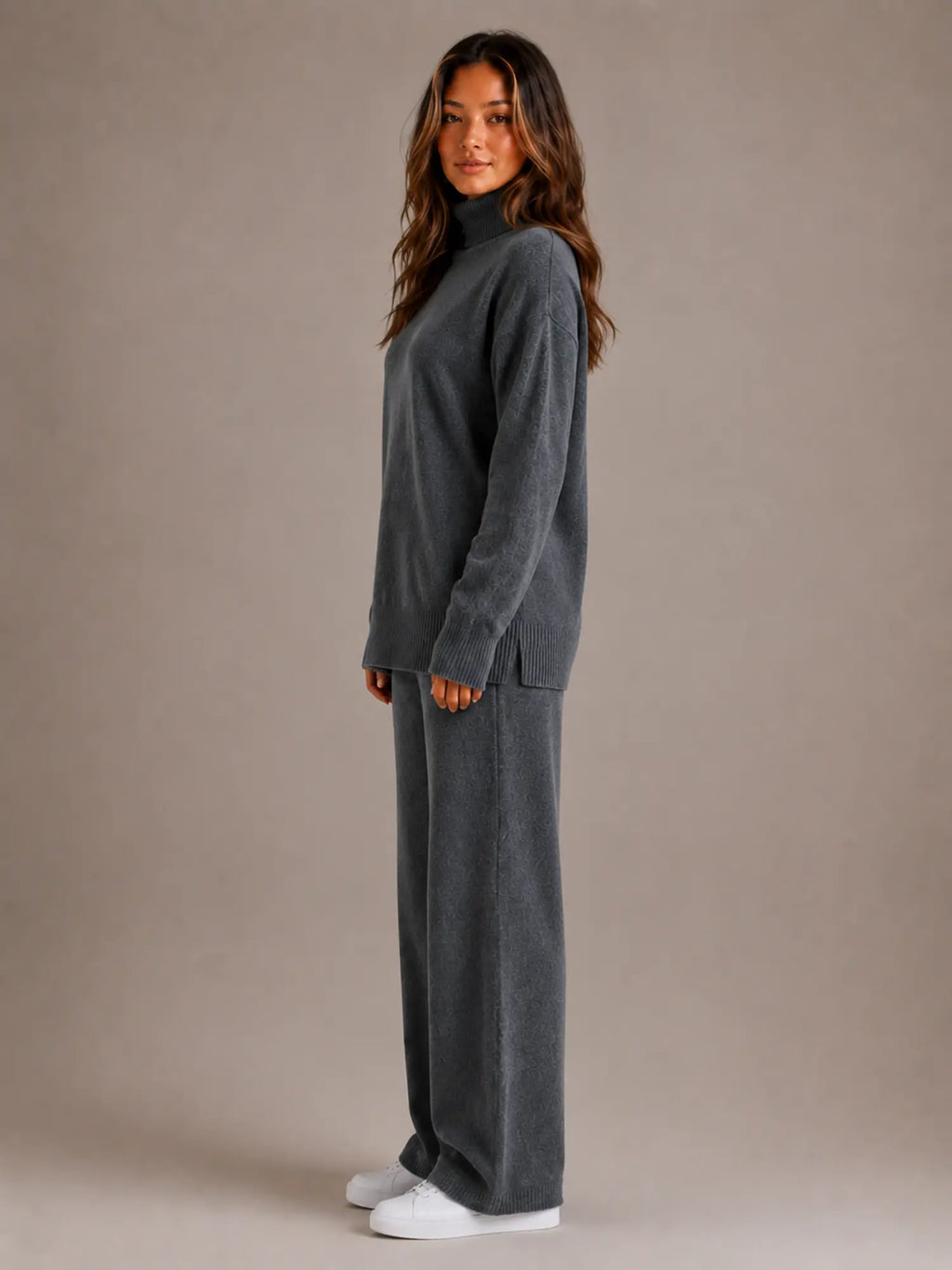 Women's Oversized Lounge Set – Roll Neck & Wide Leg in Dark Grey – Side view